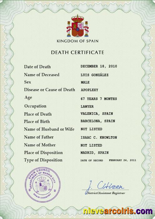 Spain death certificate